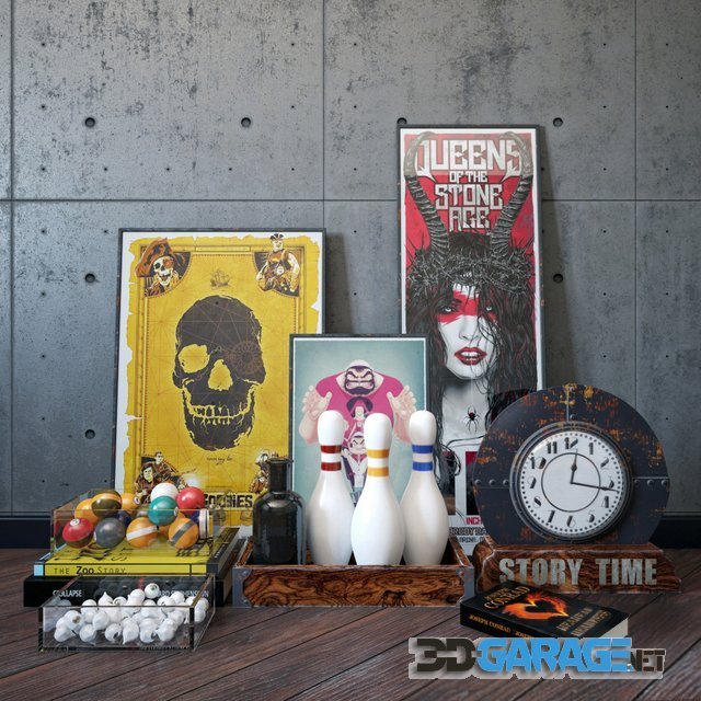 3d-model – Decorative set with clocks, books, skittles