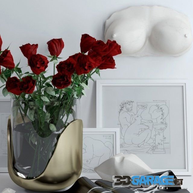 Set with roses, marble bust and lips