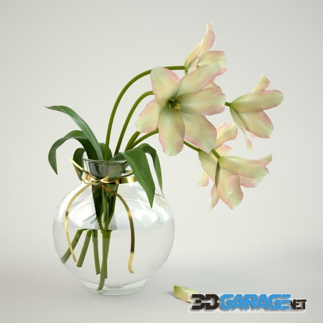 3d-model – Tulips in a vase with gold ribbon